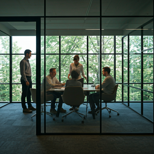 Modern office team collaborating in a meeting room with glass walls
